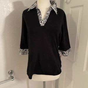 Dressbarn 3/4 sleeve black & white collard shirt with animal print size L